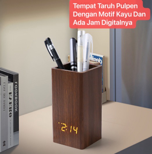 JD-18 Coklat Tua Jam Meja Motif Kayu Kotak Pensil Taruh Pulpen Jam Digital LED Jam Weker Desain Motif Kayu Wooden Clock