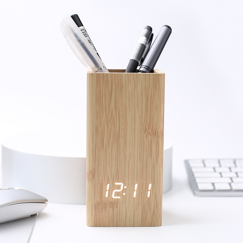 JD-18 Coklat Muda Jam Meja Motif Kayu Kotak Pensil Taruh Pulpen Jam Digital LED Jam Weker Desain Motif Kayu Wooden Clock