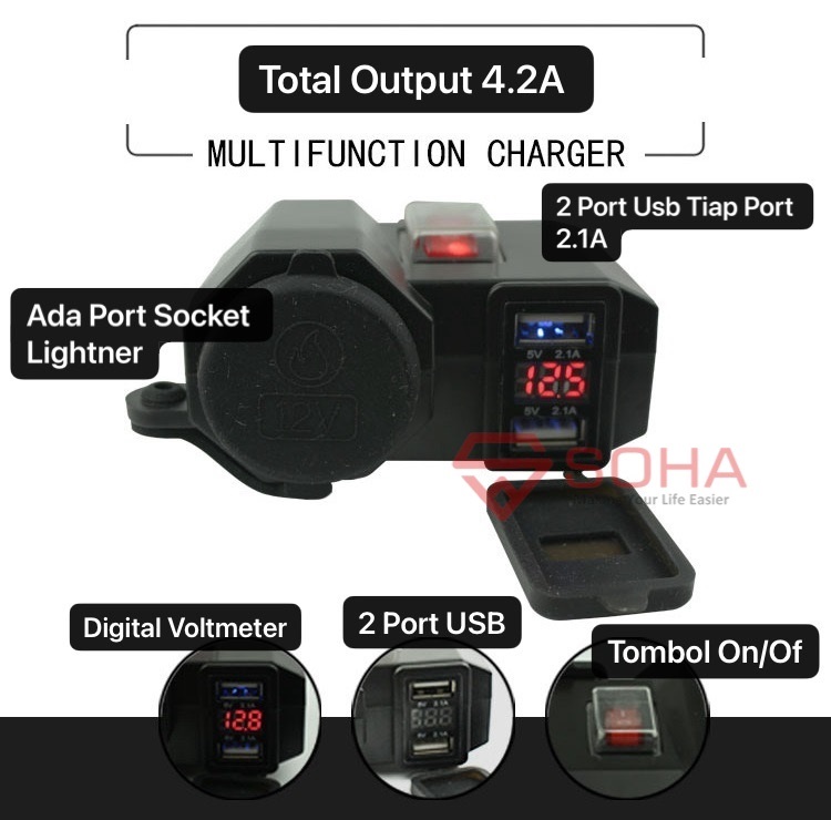 MLD-3028 Charger Motor 2 Port USB Voltmeter Digital Display Dengan Socket Lighter Casan Motor 4.2A