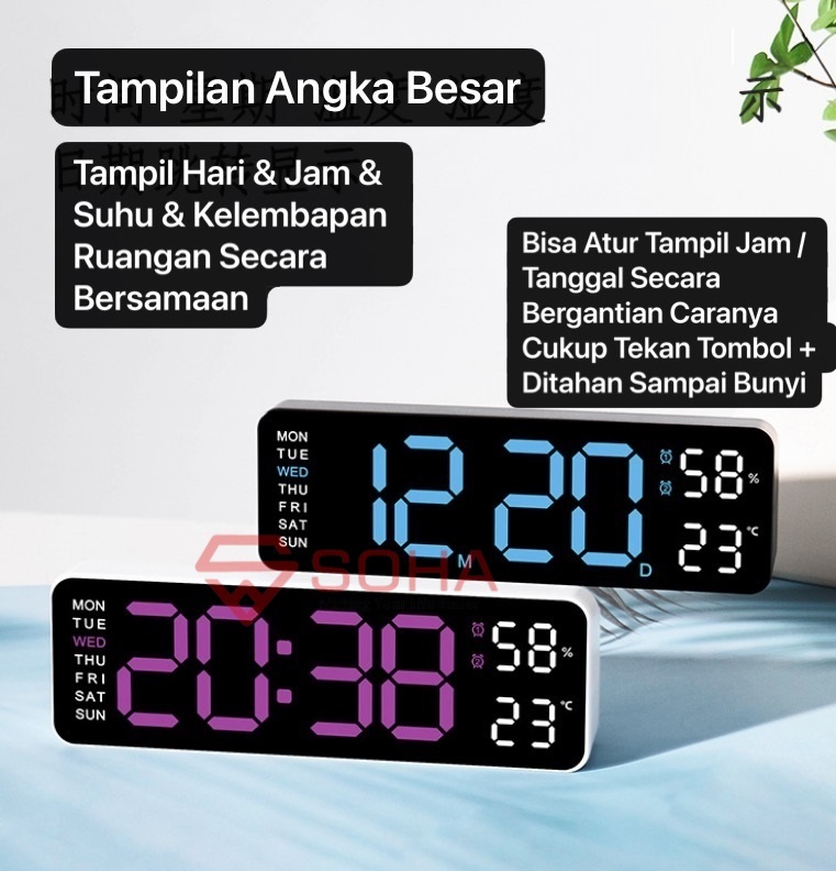 JD-5503 Ungu Jam Meja Digital Jam Dinding LED Angka Besar Alarm Suhu Temperatur Kelembapan Ruang Humidity