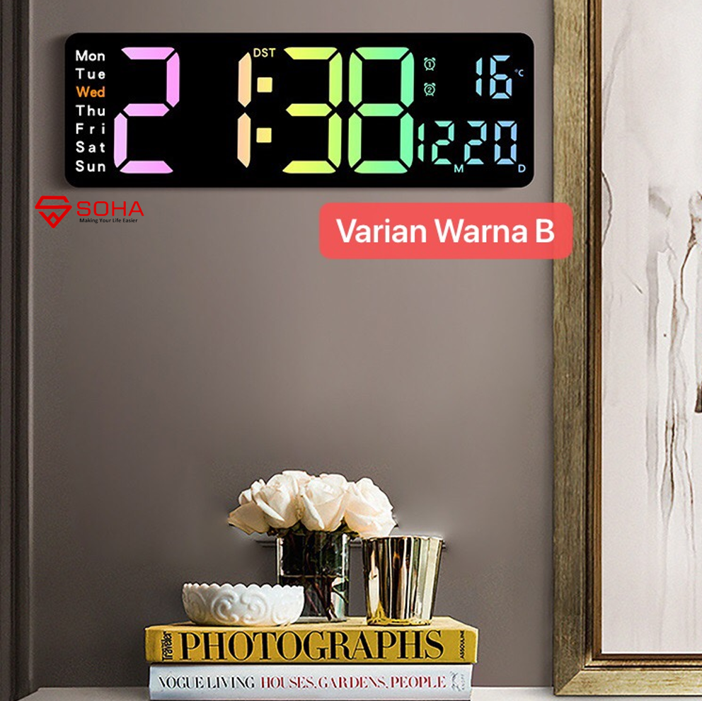 JD-5529 13 Inch Varian B Jam Digital LED Besar Dinding Kalender Hari Alarm Clock Weker Timer Countdown Smart Watch Suhu Temperatur Warna Macaron Color