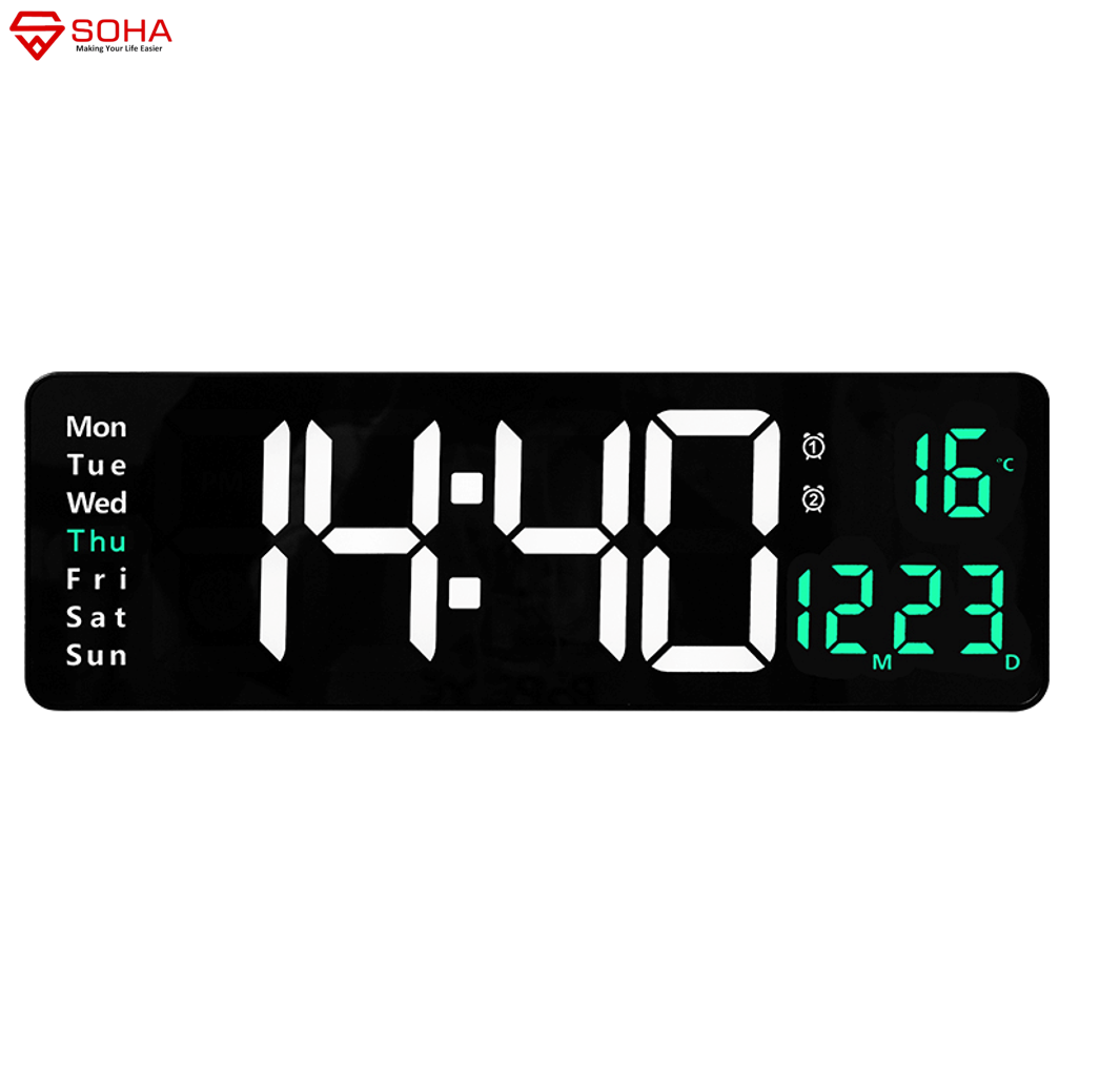 JD-6626 16 Inch Hijau Jam Digital LED Besar Tampilan Jelas Dinding / Kalender Alarm Clock Weker Timer Countdown Smart Watch Suhu Temperatur