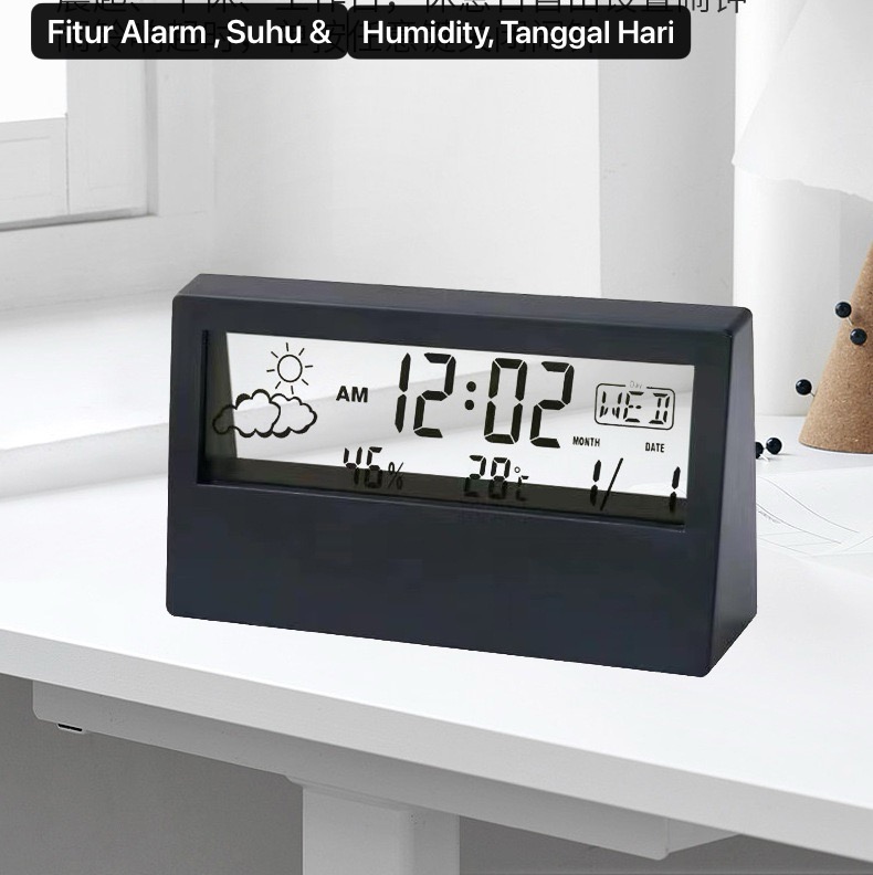 JD-618G - Hitam Jam Alarm Meja Digital Suhu Kelempaban Humidity Ruangan Weker Layar Transparan Jadi Survenir