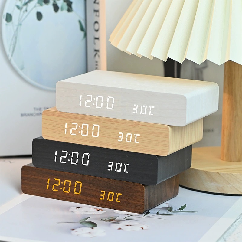 JD-19 Jam Kayu Wooden Clock Bisa Wireless Charging Jam Meja Digital Motif Kayu 3x Alarm Suhu Tanggal